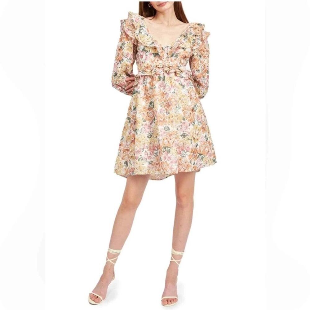 En Saison Kayla Cutout Embroidered Eyelet Floral Ruffle Dress size medium